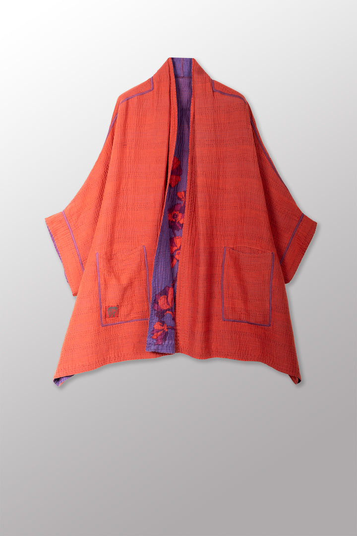 BLOOMING FLOWERS KANTHA DOUBLE COLLAR PONCHO - bf4323-prp -