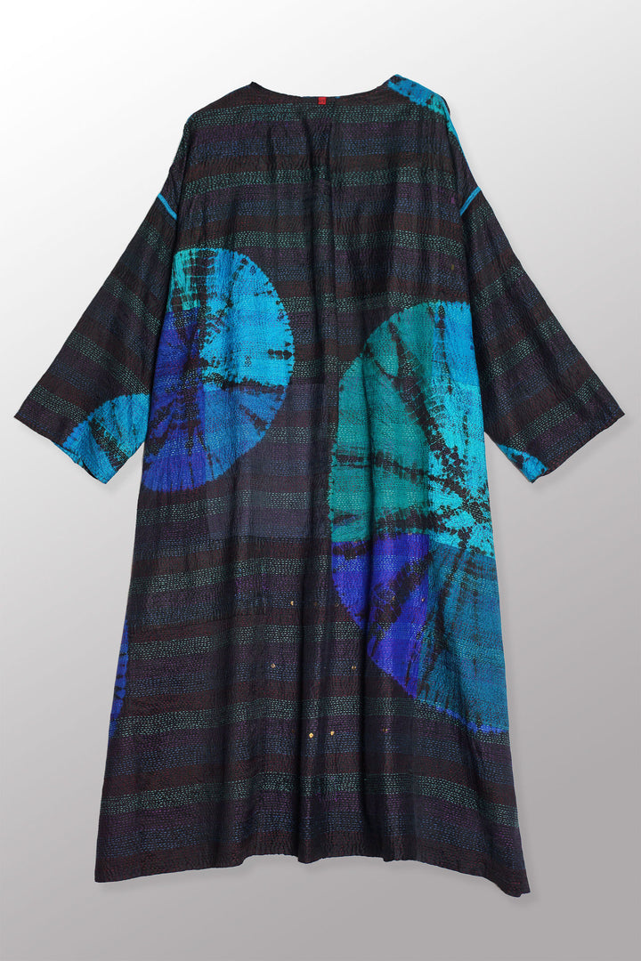 TIE DYE CIRCLE SHIBORI KANTHA LONG DUSTER - td2328-blu -
