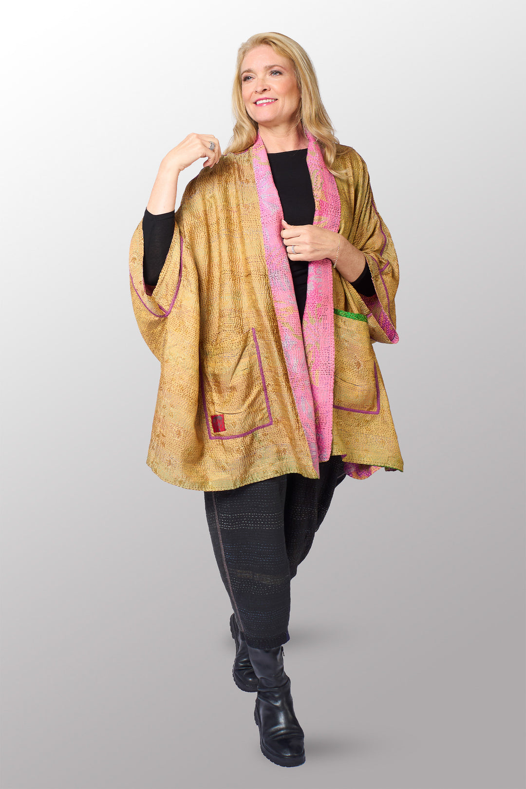 GEORGETTE JACQUARD VINTAGE SILK PATCH KANTHA DOUBLE COLLAR PONCHO - gj2323-0001a -