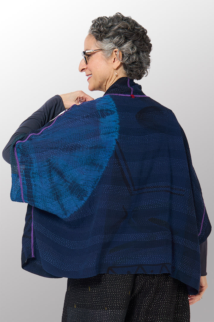 SHIBORI TIE DYE GEORGETTE VINTAGE SILK PATCH KANTHA MINI PONCHO - st-gs2060-nvy -