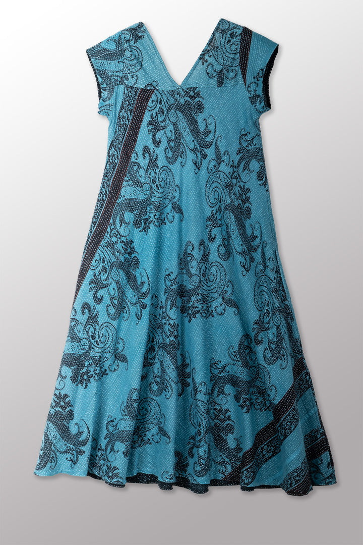 OVERDYED COTTON PAISLEY KANTHA CAP SLV. FLARE DRESS - ov-cp2425-blu -