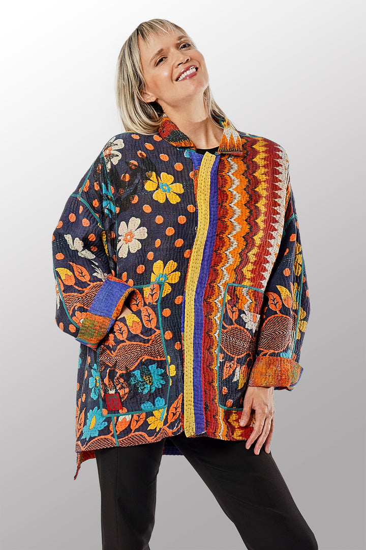 VINTAGE COTTON KANTHA OVERSIZED MINI COAT - cv4332-0035a -