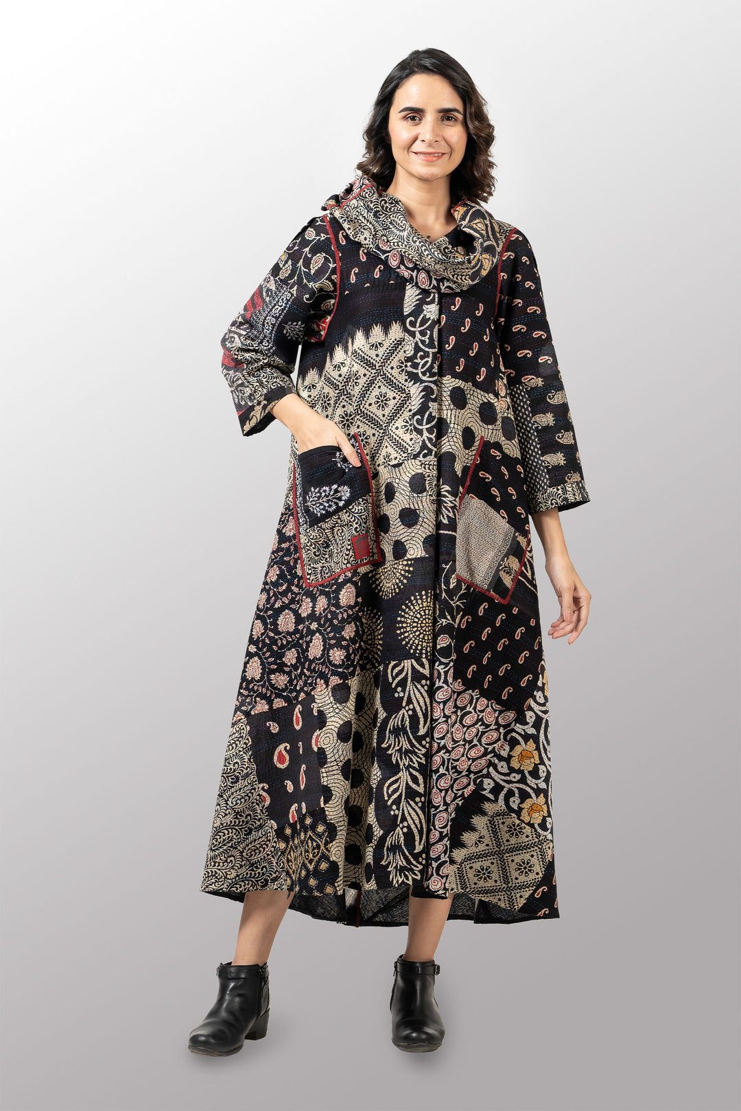 PATCH & CIRCLE PRINT KANTHA COWL NECK LONG SLEEVE DRESS - pc2450-blk -