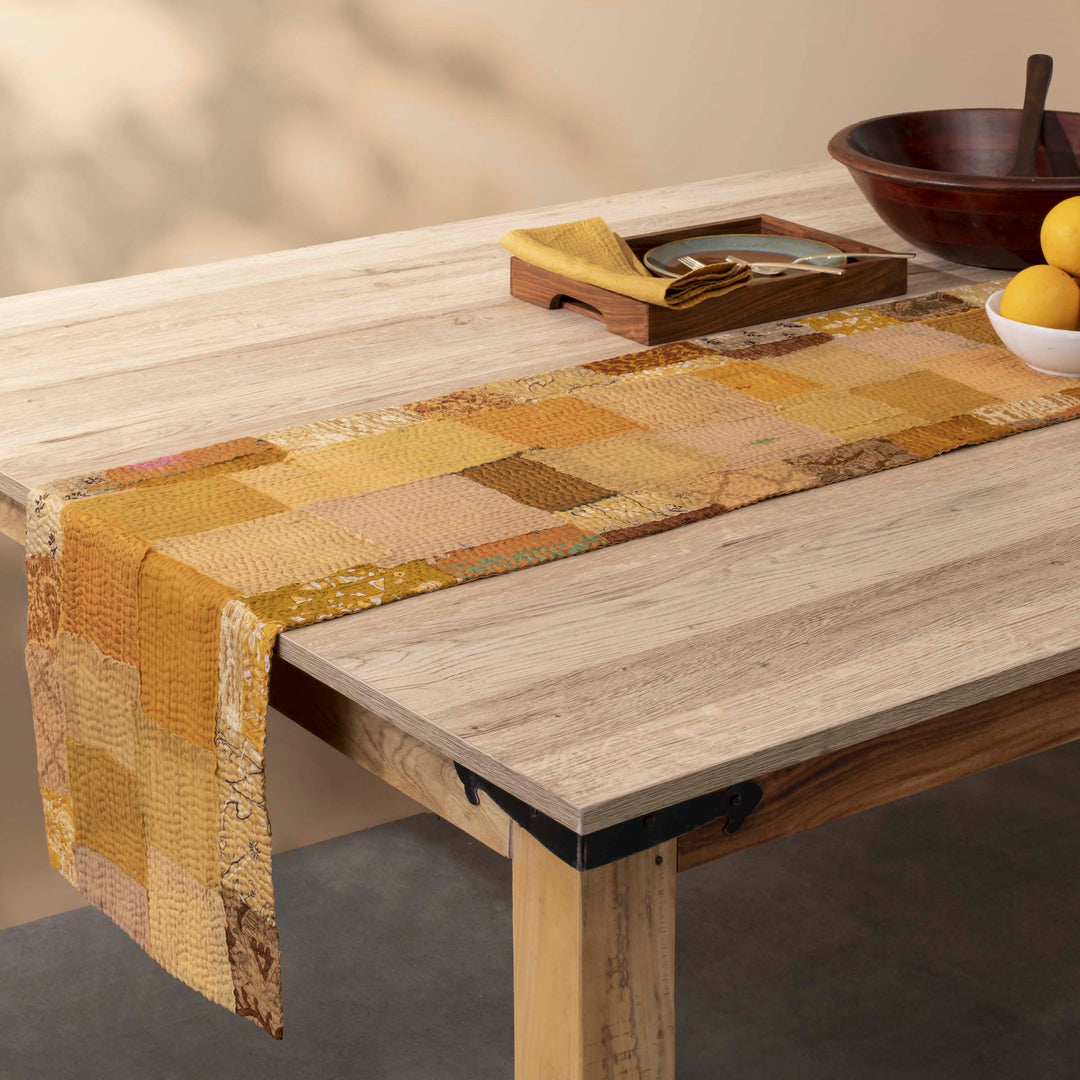 Printed Fray Patch Kantha Table Runner -Golden