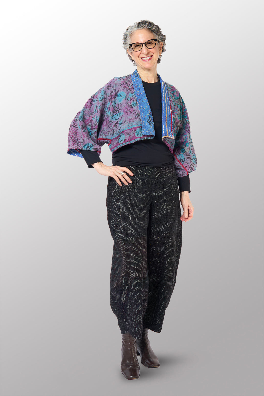 COTTON OVERDYE KANTHA PUFF SLV. SHRUG - ov2062-cblu001a -