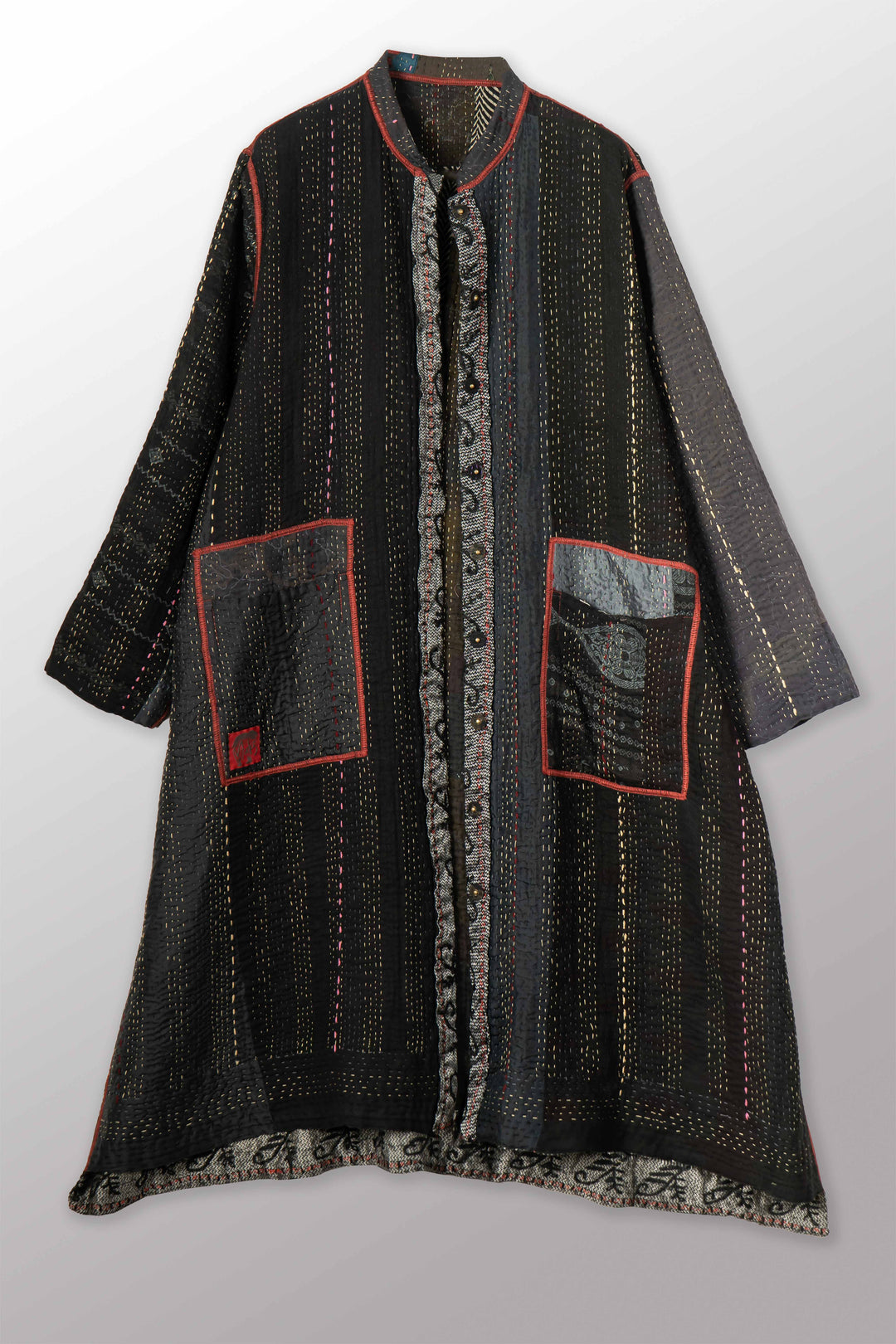 STRIPE RALLIS KANTHA KAFTAN COAT - pr4343-blk -