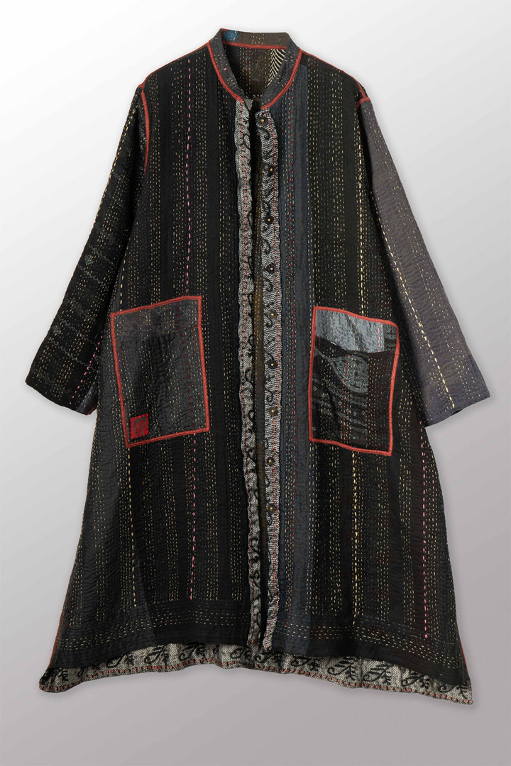 STRIPE RALLIS KANTHA KAFTAN COAT - pr4343-blk -
