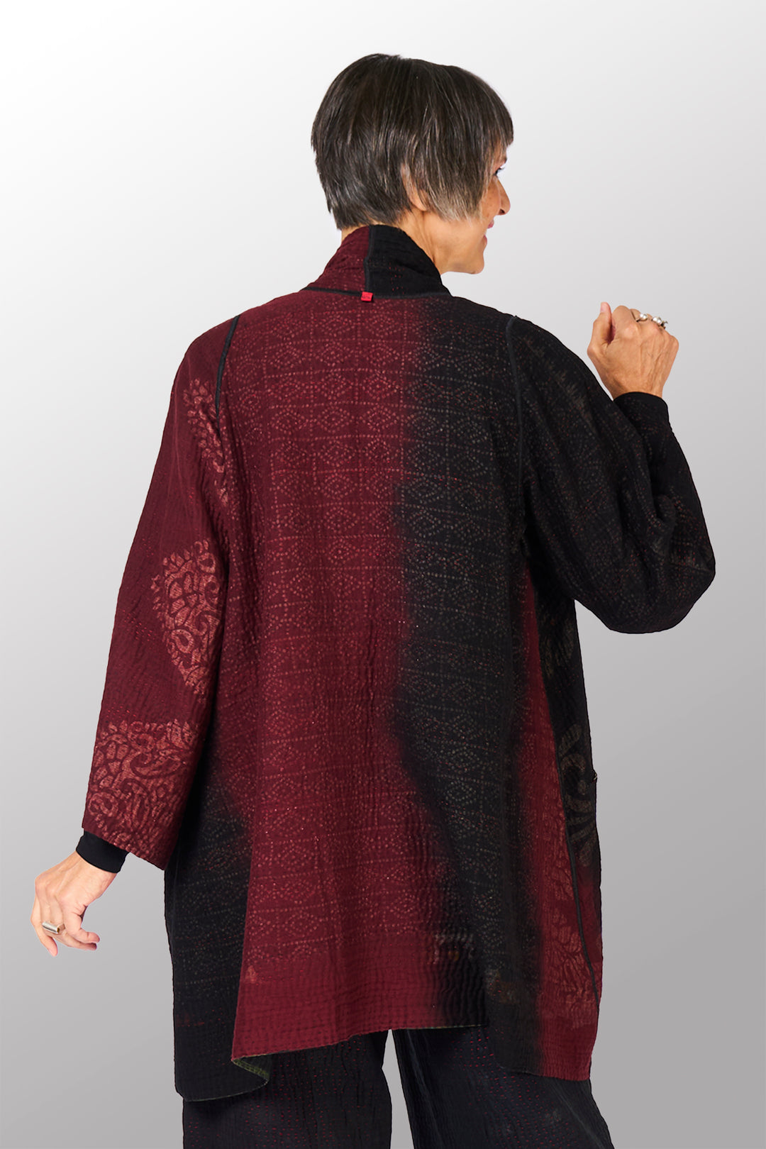 WOVEN HANDLOOM IKAT WITH OMBRE KANTHA A-LINE JACKET - wh4003-red -