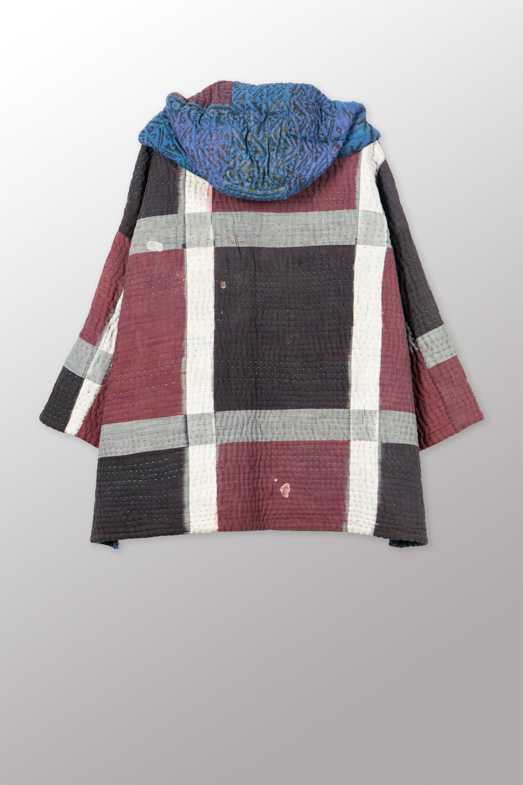 QUILTED OVERDYE COTTON KANTHA HOODIE PONCHO - oq5064-cblu004a -