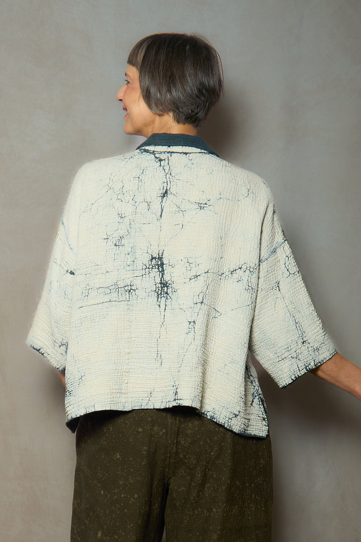 MUD DYE RIPPLE KANTHA CROPPED TENT SHIRT - yp4596-gry -