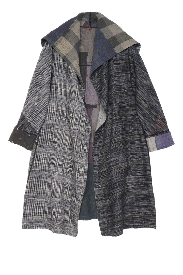 WOVEN IKAT & FRAYED PATCH KANTHA A-LINE COAT - wk4309-gry -