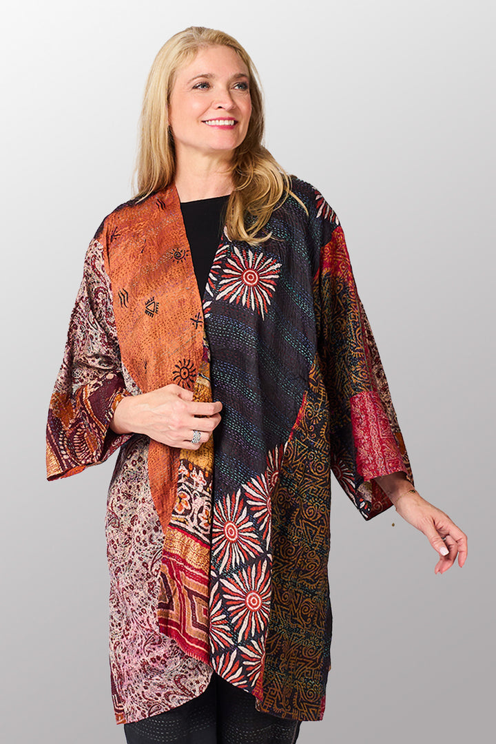VINTAGE SILK KANTHA KIMONO DUSTER - sv2317-0012a -
