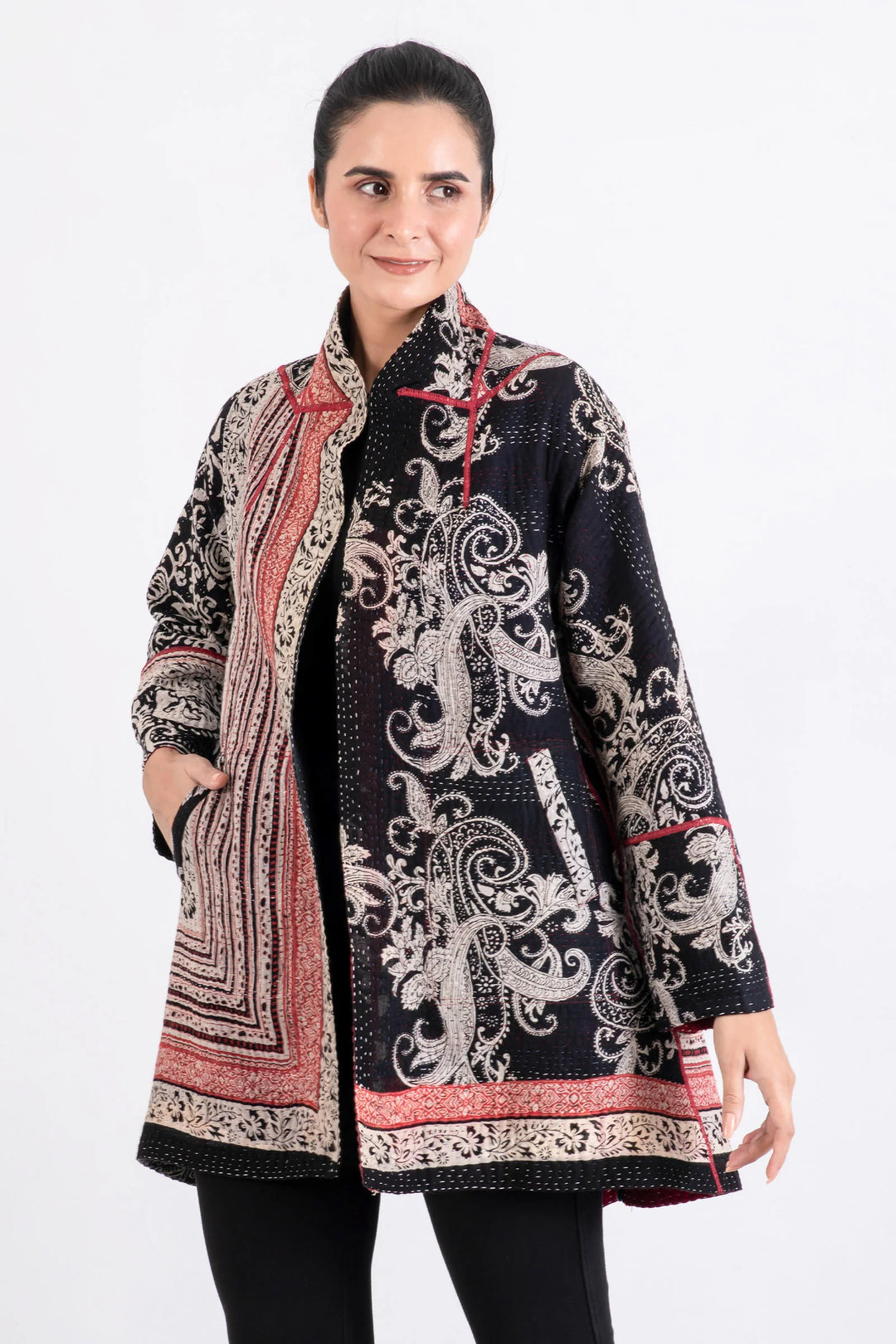 PAISLEY & PATCH KANTHA FLARE LONG JACKET - py4021-blk -