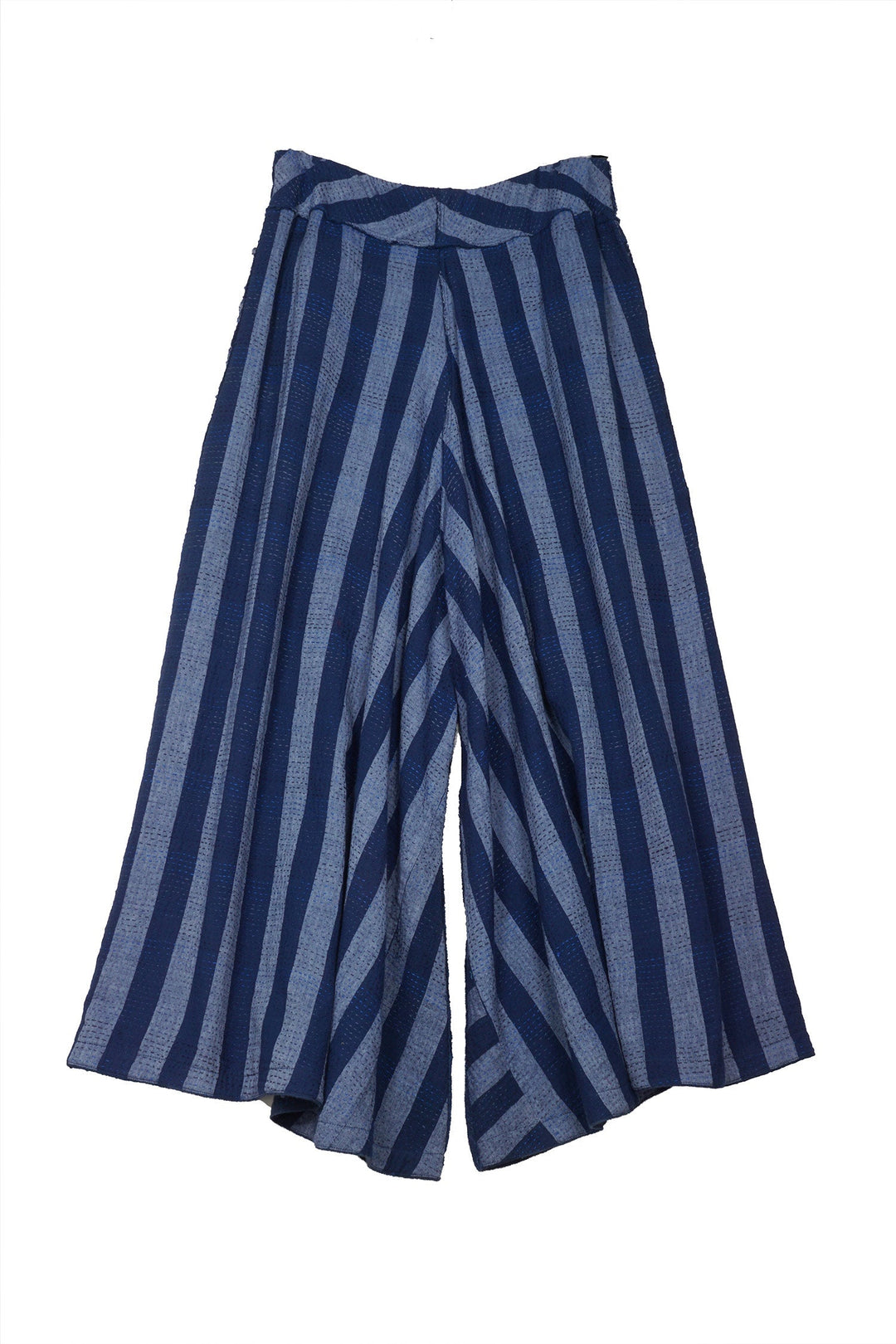 WOVEN STRIPE FRAYED PATCH BACK KANTHA WIDE LEG PANTS - wp2623-nvy -