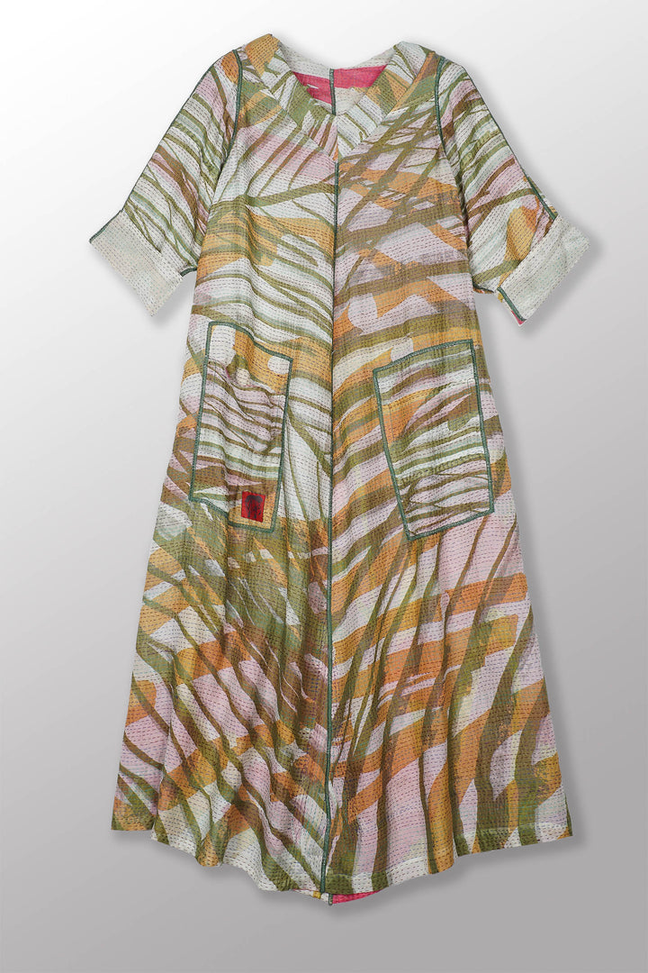 MARIGOLD PRINT KANTHA V-NECK FLARE DRESS - mg2457-pik -