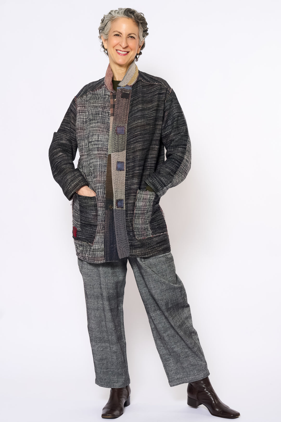 WOVEN IKAT & FRAYED PATCH KANTHA MEN'S JKT - wk4041-gry -