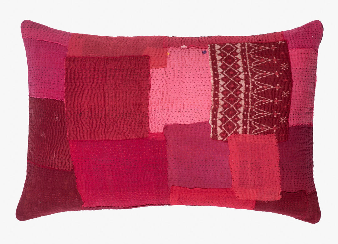 Landscape Fray Patch Vintage Kantha Pillow -Red