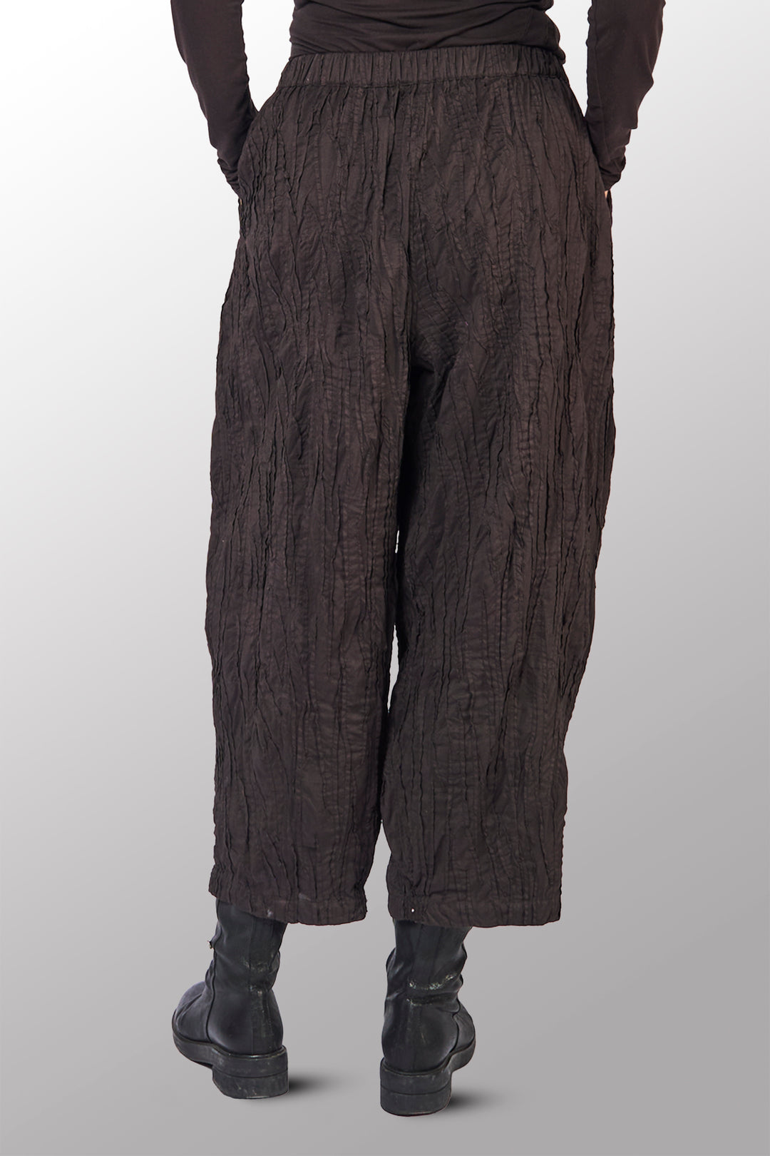 DYED COTTON SILK HEAVY VOILE RANDOM TUCK BARREL PANTS - dr1641-brn -