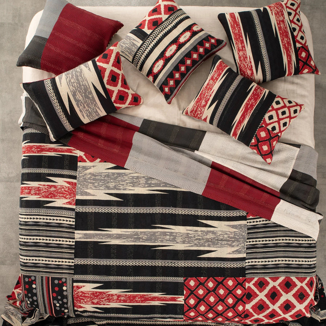 Monotone Ikat Handmade Vintage Kantha Quilts & Bed Cover -Red