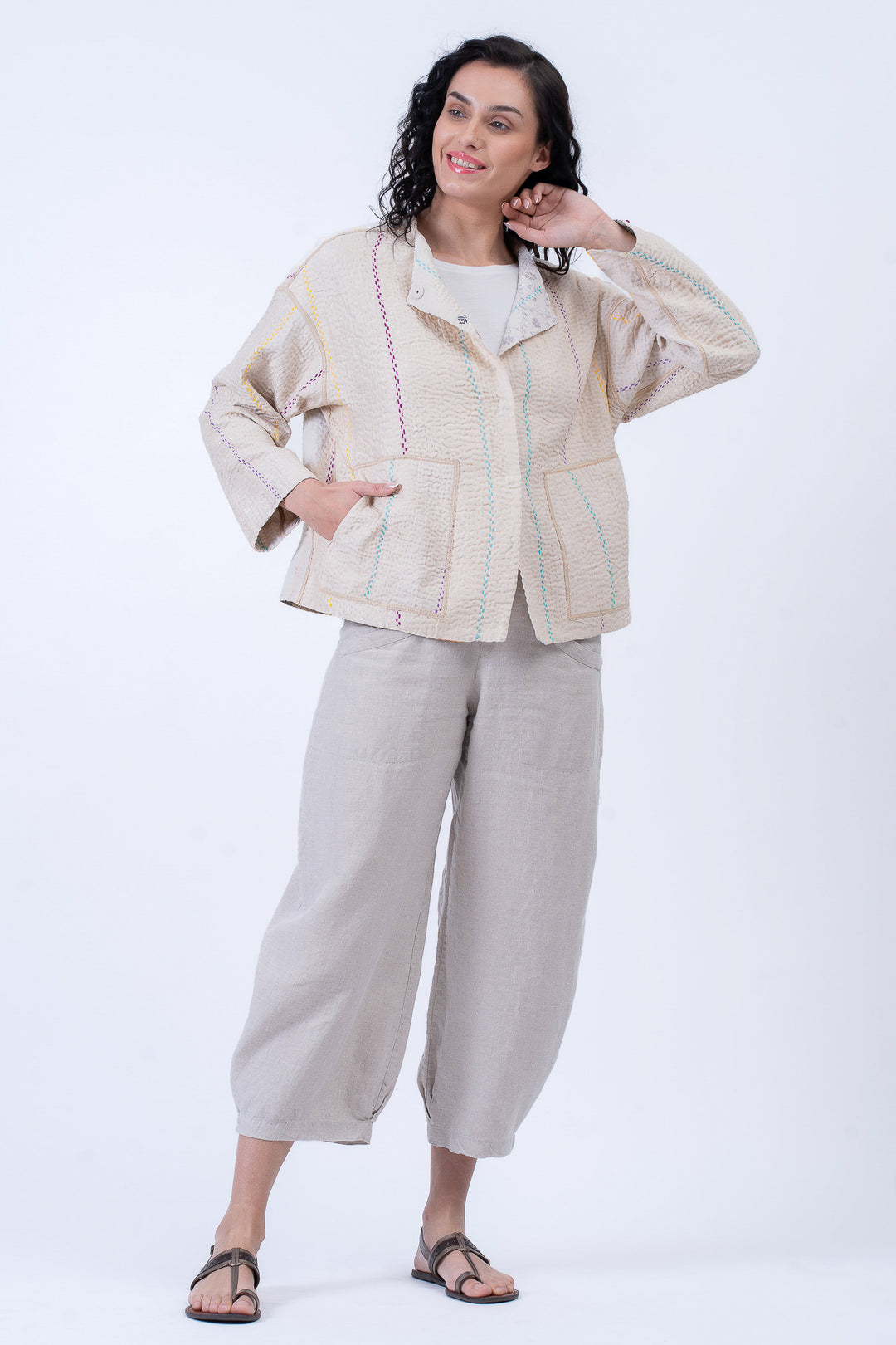 JEWEL WOVEN WITH VERTICAL PATCH KANTHA CREW NECK SHORT JACKET - jv4053-ivy -
