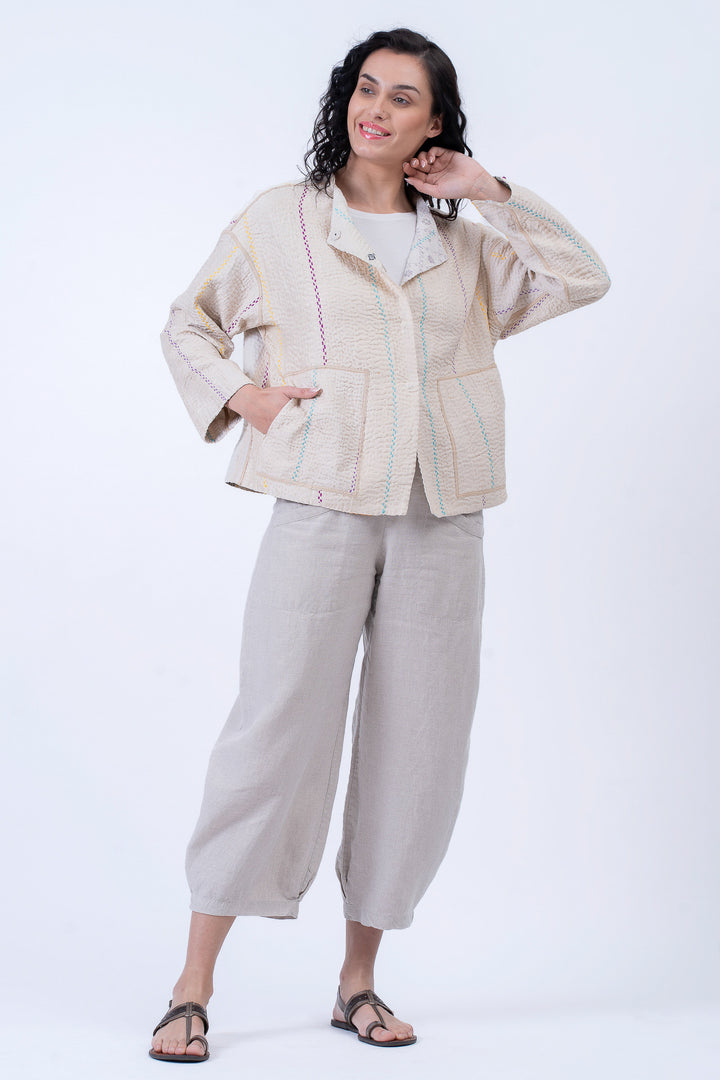 JEWEL WOVEN WITH VERTICAL PATCH KANTHA CREW NECK SHORT JACKET - jv4053-ivy -