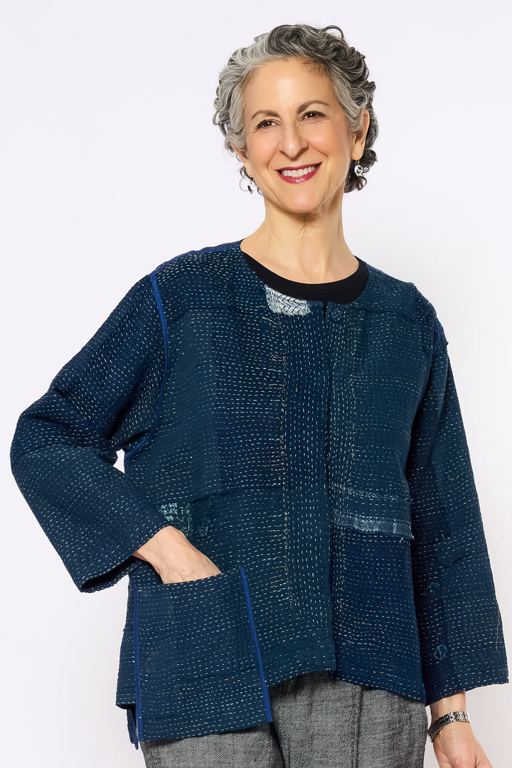 FRAYED PATCH KANTHA A-LINE SHORT JACKET - fi4019-nvy -
