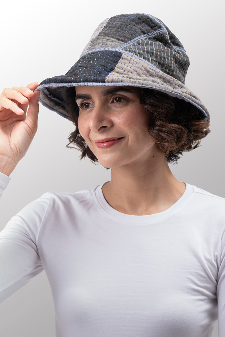 FRAYED PATCH KANTHA CIRCULAR CUT BRIM HAT - fi4882-glk -