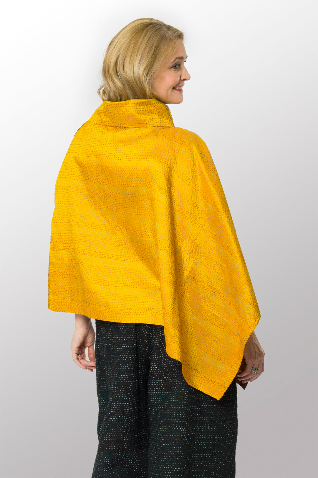 VINTAGE SILK KANTHA COWL NECK LONG CAPE - sv2842-mlt -