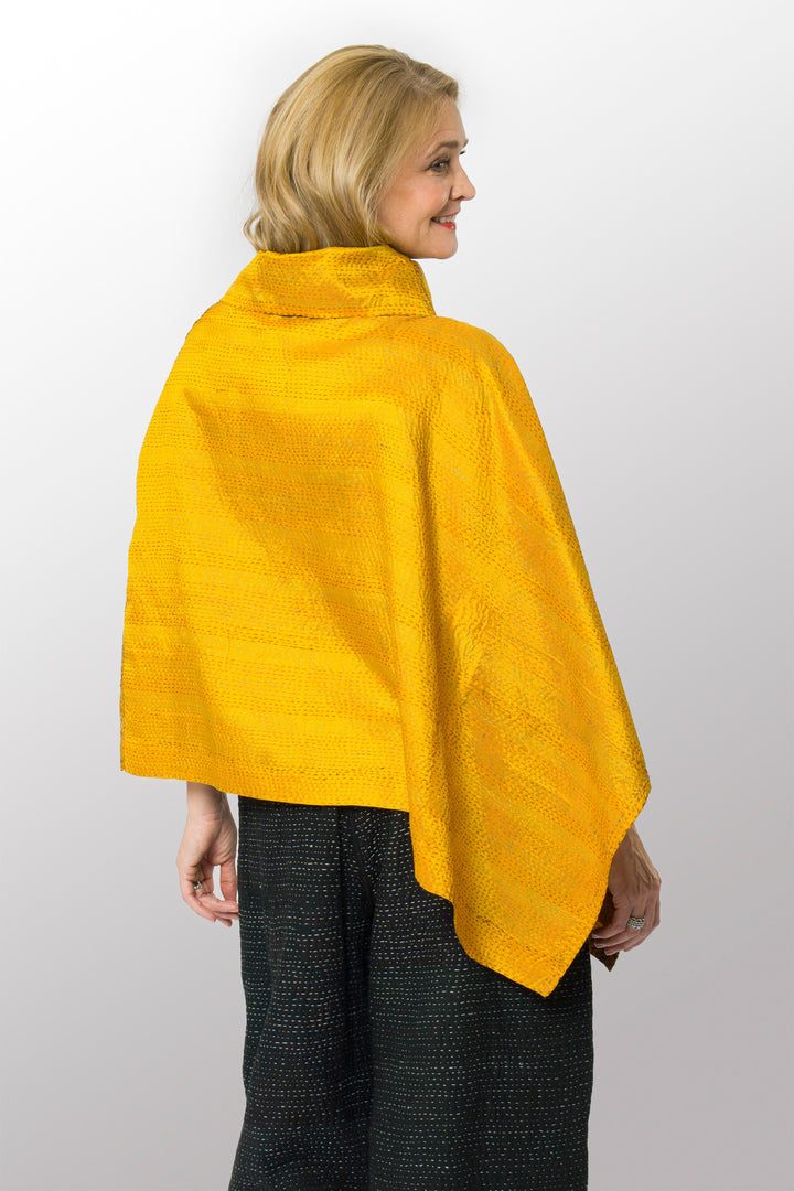 VINTAGE SILK KANTHA COWL NECK LONG CAPE - sv2842-mlt -