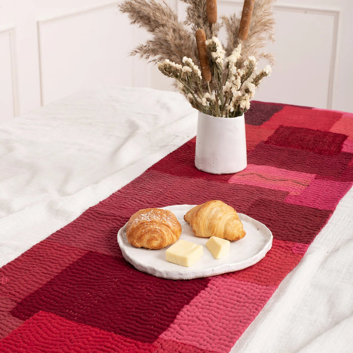 Landscape Fray Patch Vintage Kantha Runner -Red