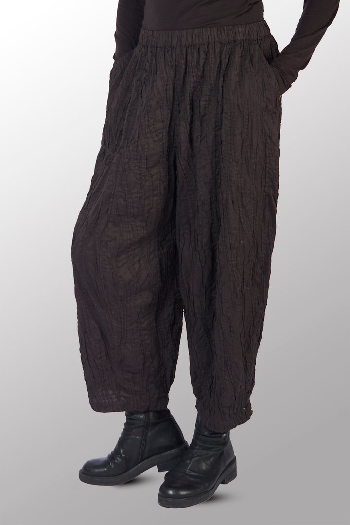DYED COTTON SILK HEAVY VOILE RANDOM TUCK BARREL PANTS - dr1641-brn -