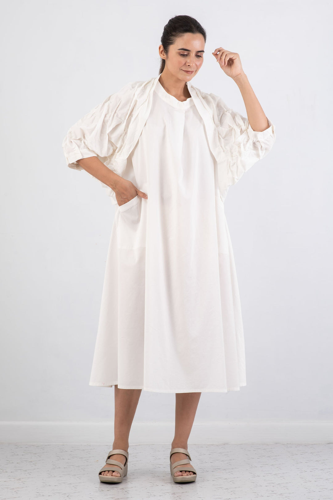 DYED COTTON SILK VOILE WAVY TUCK SHRUG - dc1067-wht -