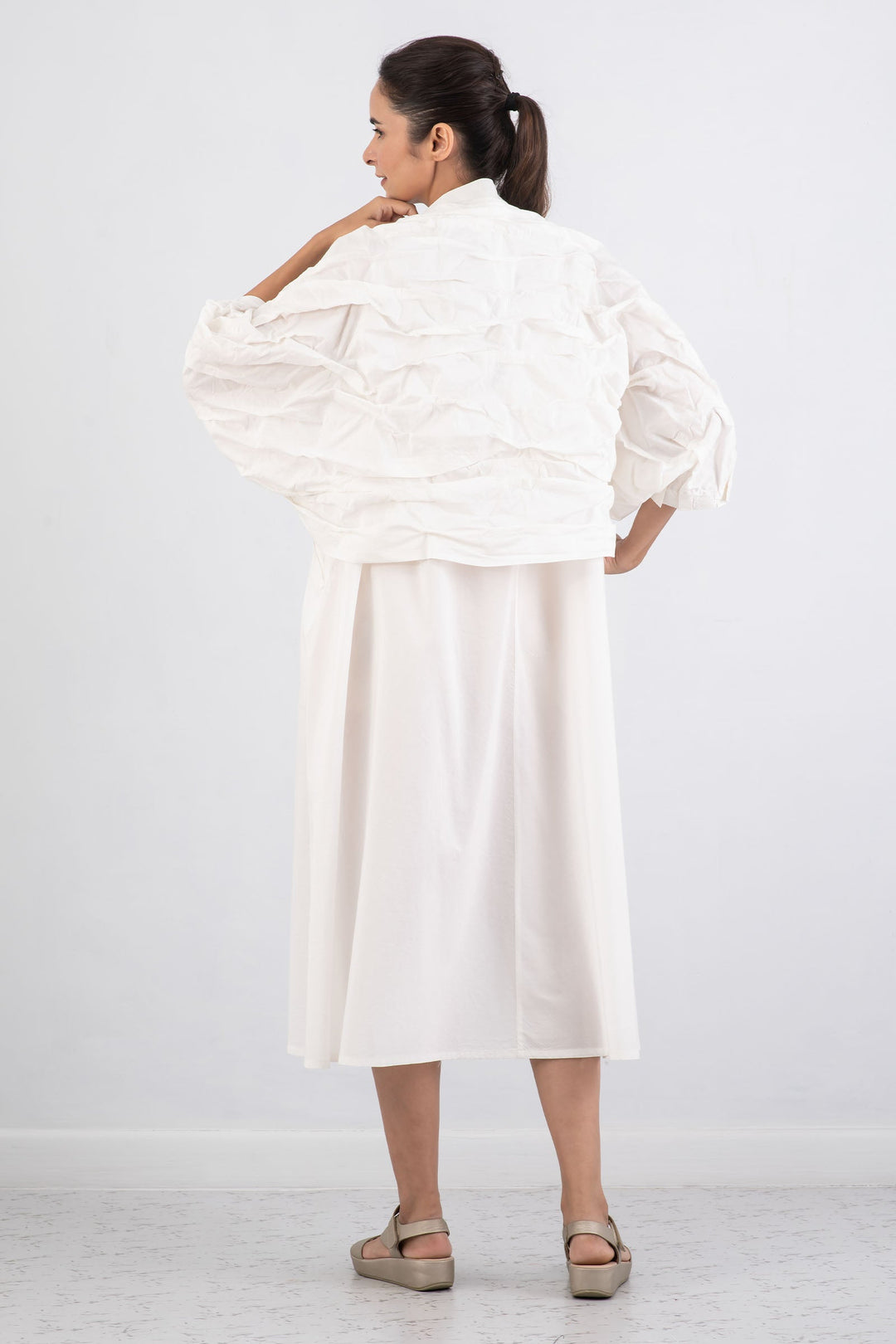 DYED COTTON SILK VOILE WAVY TUCK SHRUG - dc1067-wht -