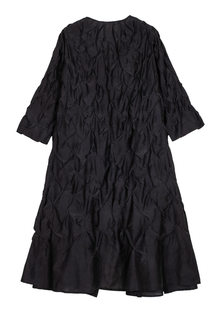 DYED COTTON SILK VOILE WAVY TUCK A-LINE DRESS - dc1453-blk -