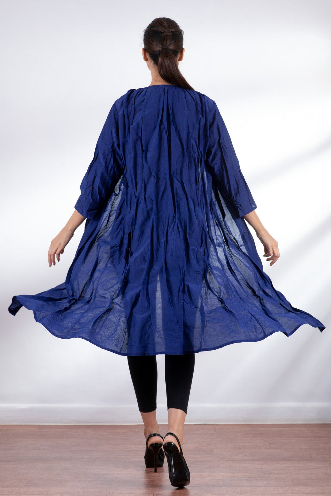 DYED COTTON SILK VOILE WAVY TUCK CROPPED SLV. DRESS - dc1434-blu -