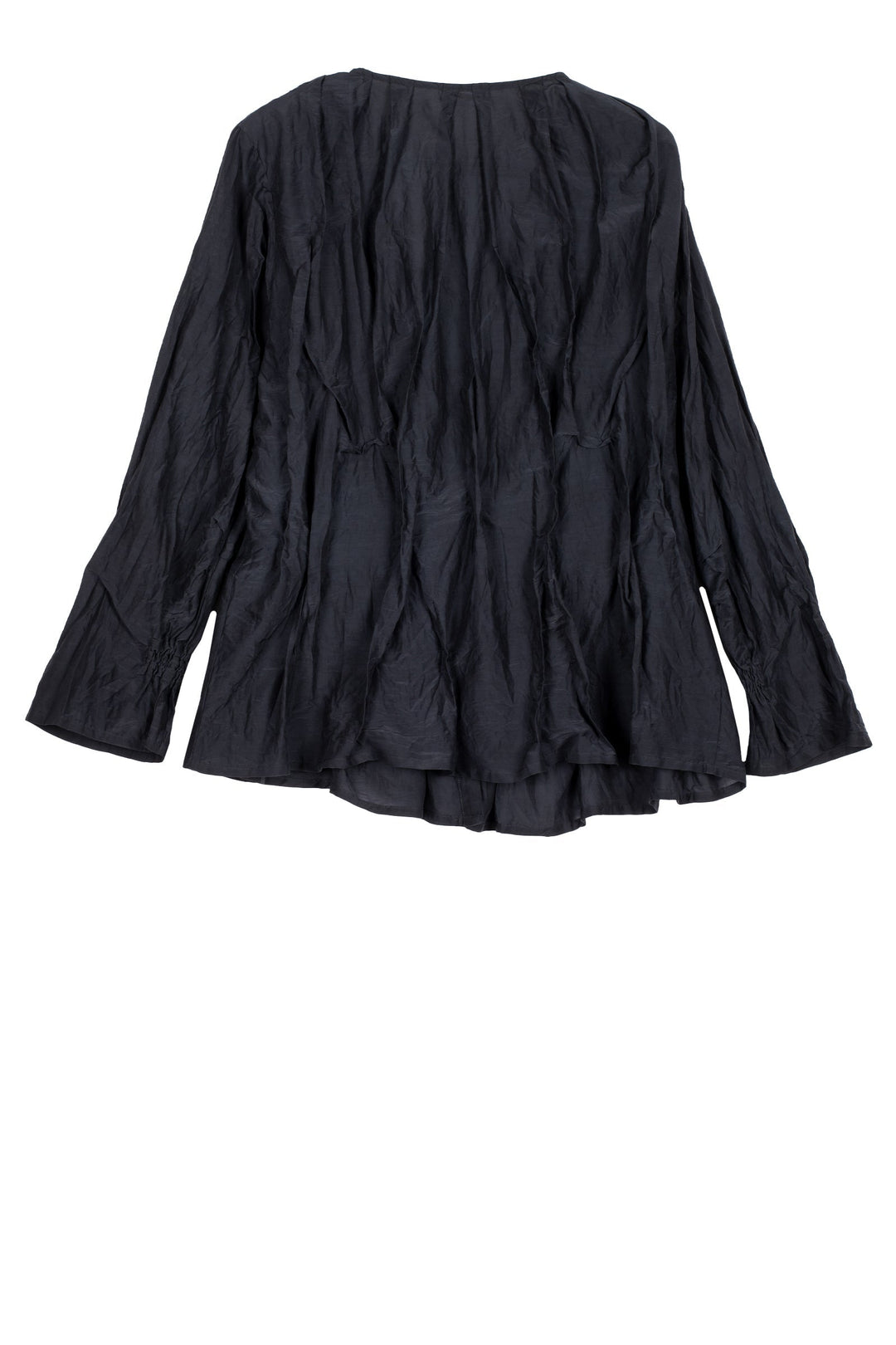 DYED COTTON SILK VOILE WAVY V-NECK TUCKED BLOUSE - dc1542-blk -