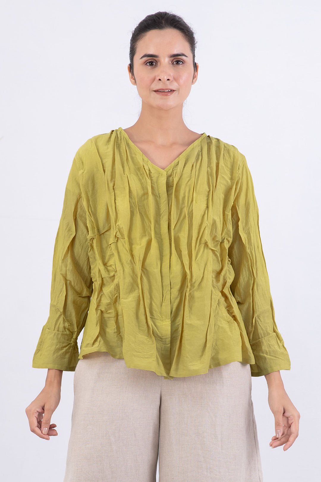 DYED COTTON SILK VOILE WAVY V-NECK TUCKED BLOUSE - dc1542-cha -