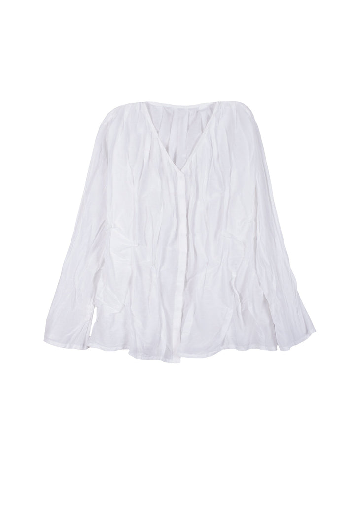 DYED COTTON SILK VOILE WAVY V-NECK TUCKED BLOUSE - dc1542-wht -