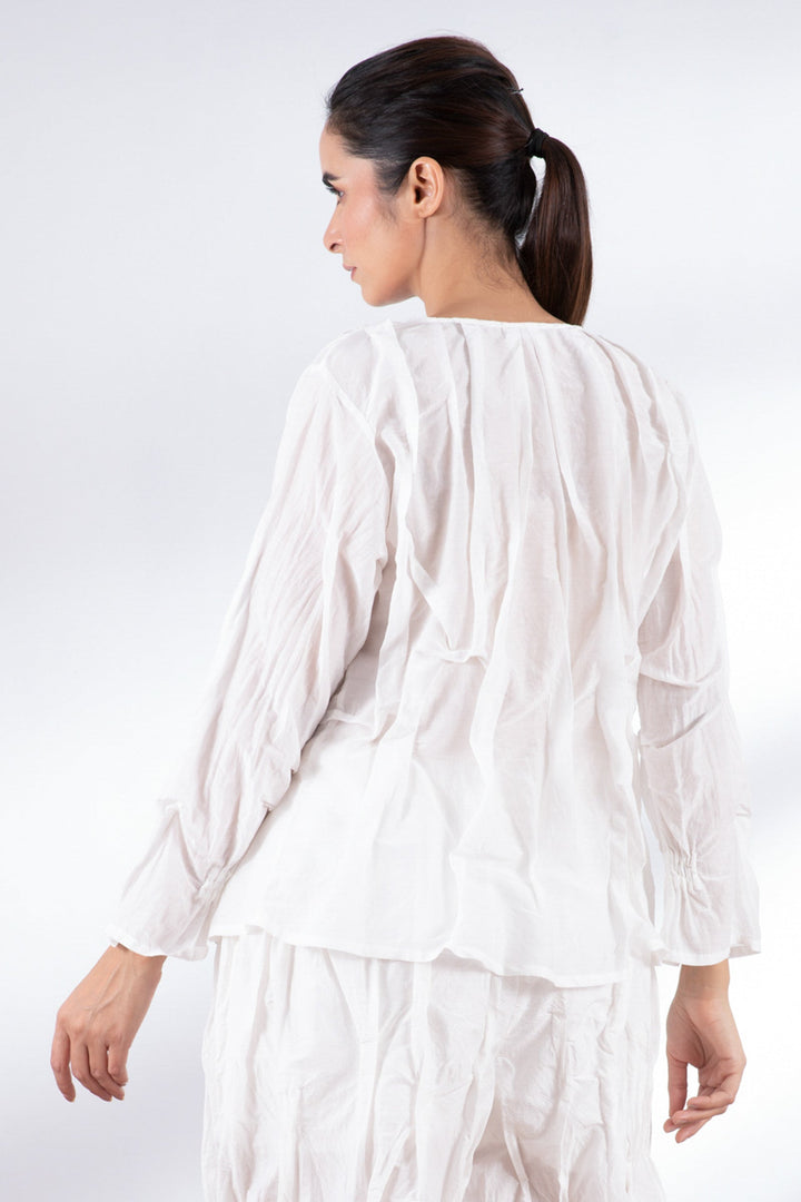 DYED COTTON SILK VOILE WAVY V-NECK TUCKED BLOUSE - dc1542-wht -