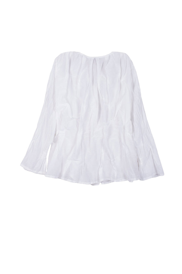 DYED COTTON SILK VOILE WAVY V-NECK TUCKED BLOUSE - dc1542-wht -