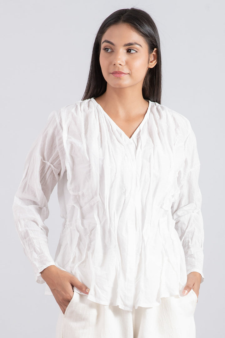 DYED COTTON SILK VOILE WAVY V-NECK TUCKED BLOUSE - dc1542-wht -