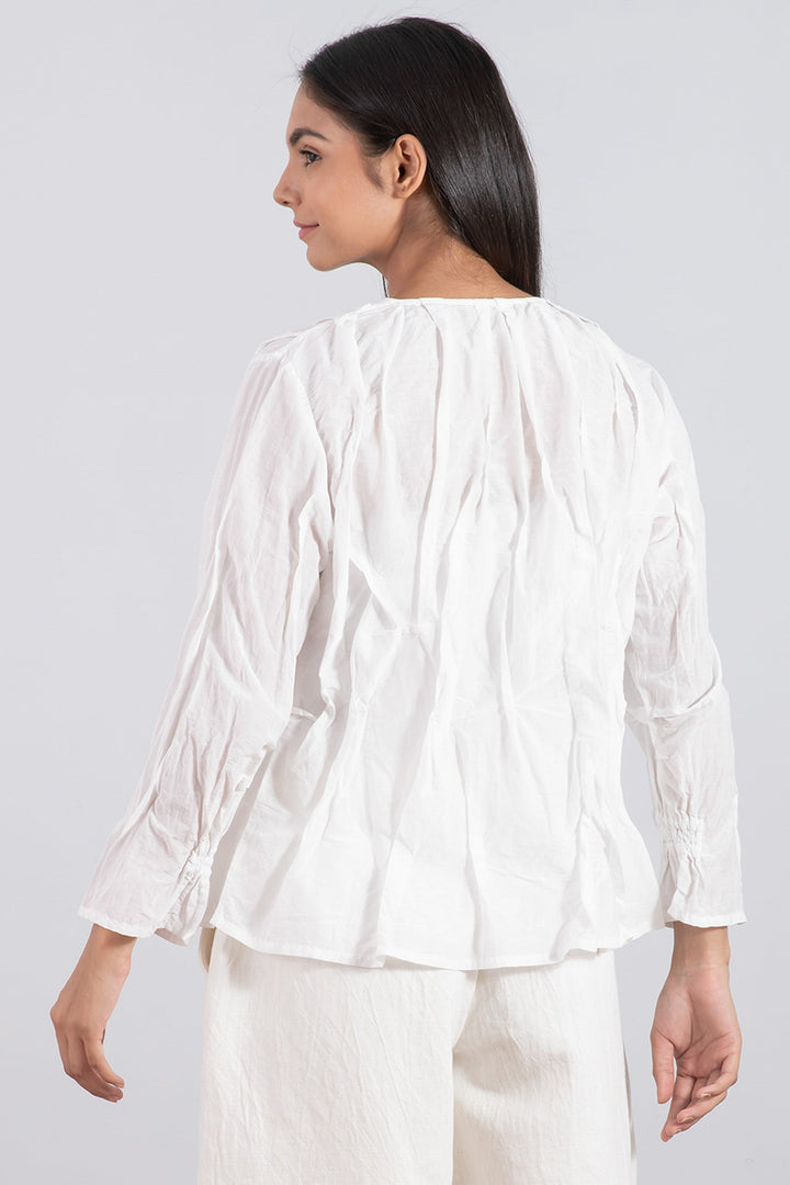 DYED COTTON SILK VOILE WAVY V-NECK TUCKED BLOUSE - dc1542-wht -