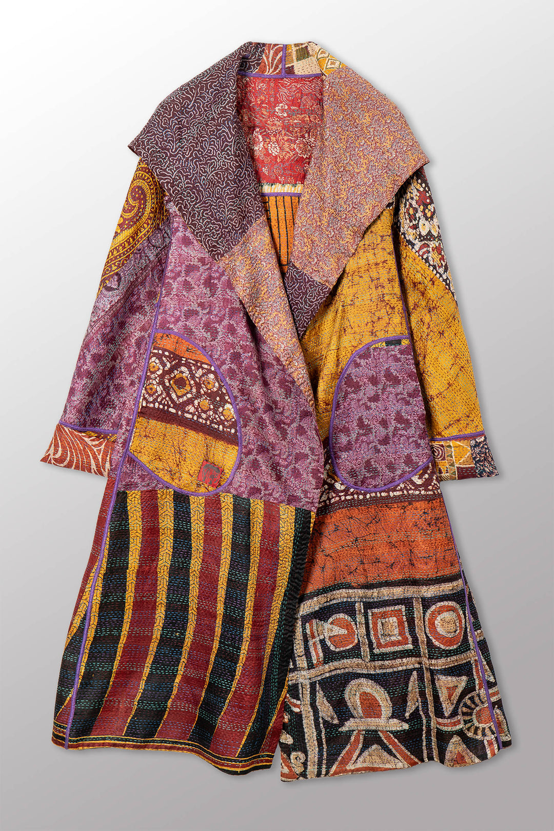 VINTAGE SILK KANTHA HOODED A-LINE LONG COAT - sv2306-0004a -