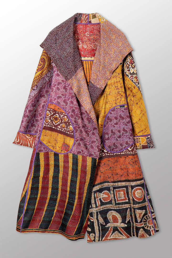 VINTAGE SILK KANTHA HOODED A-LINE LONG COAT - sv2306-0004a -