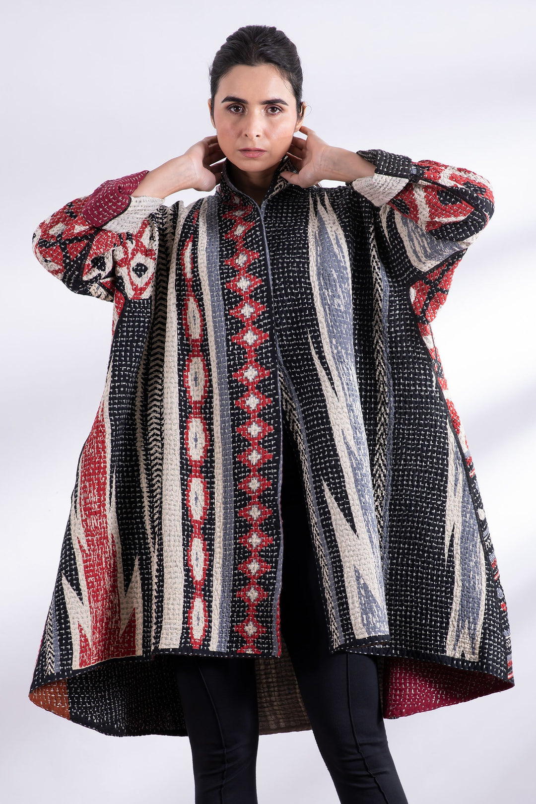 WAFFLE IKAT KANTHA KIMONO LONG JACKET - wi3005-red -