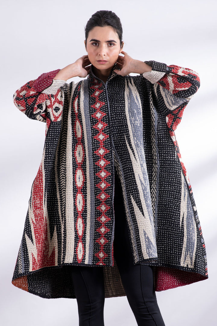 WAFFLE IKAT KANTHA KIMONO LONG JACKET - wi3005-red -
