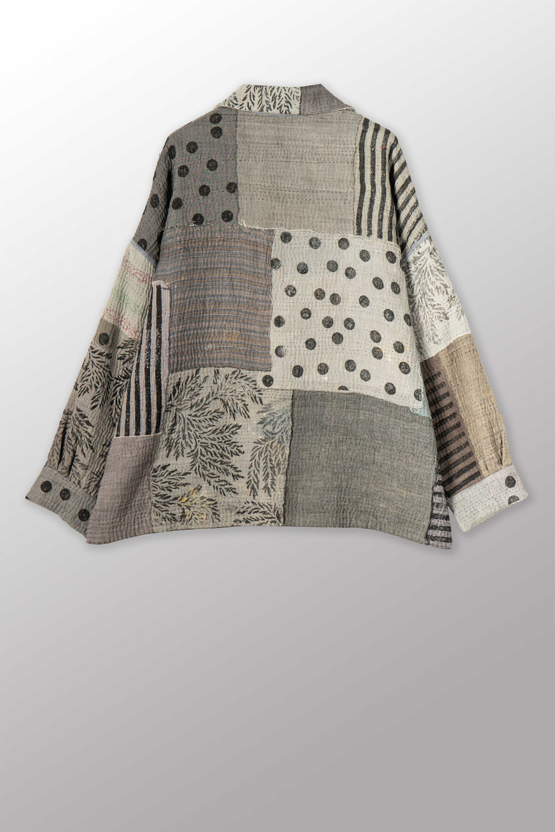 FRAYED PATCH KANTHA WITH STAMP RELAXED SHIRT JACKET - sp-fi4j105-gry -
