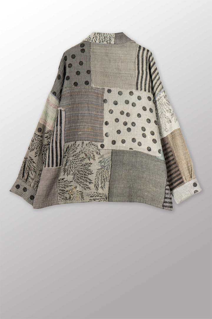 FRAYED PATCH KANTHA WITH STAMP RELAXED SHIRT JACKET - sp-fi4j105-gry -