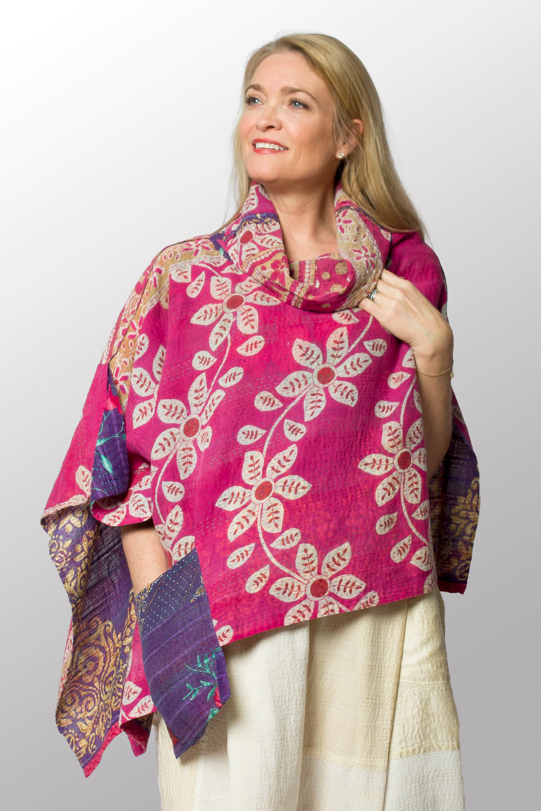VINTAGE COTTON KANTHA COWL NECK LONG CAPE - cv2842-0004a -