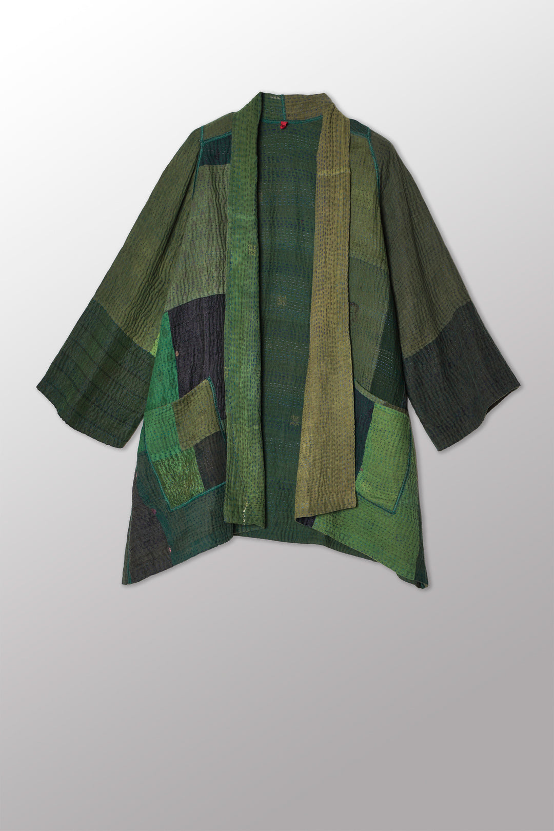 OVERDYED COTTON SILK SW PATCH OMBRE KANTHA A-LINE JACKET - ov-wo4003-grn -